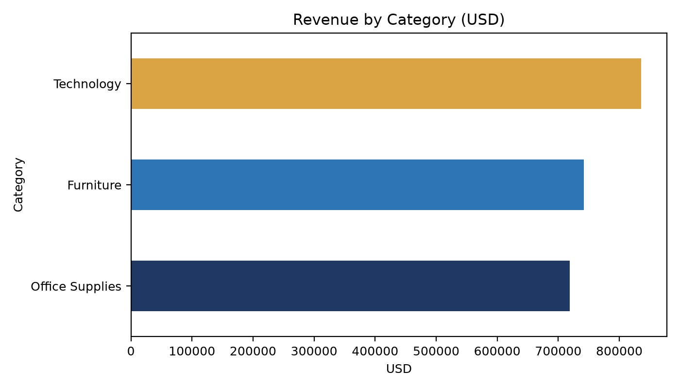 Revenue totals by Furniture, Office Supplies and Technology categories